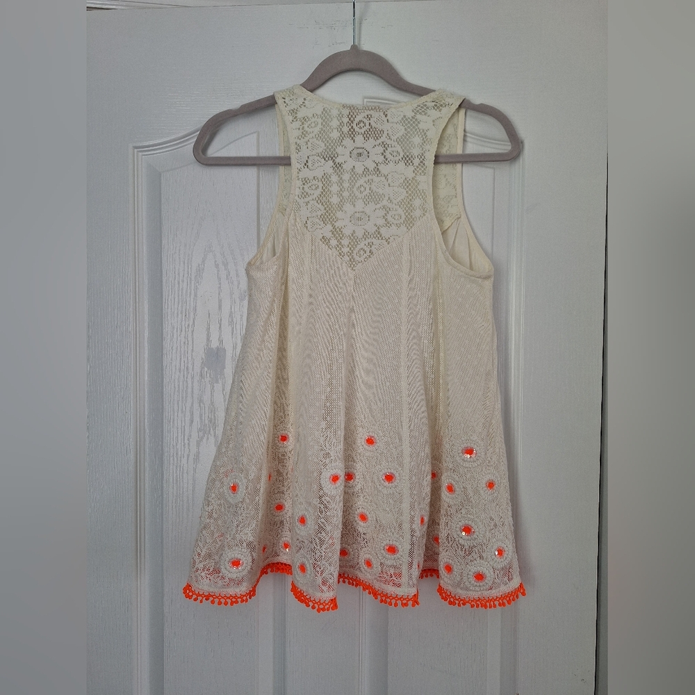 Cream Crochet Tank Top with Neon Orange Trim - Picture 3 of 9